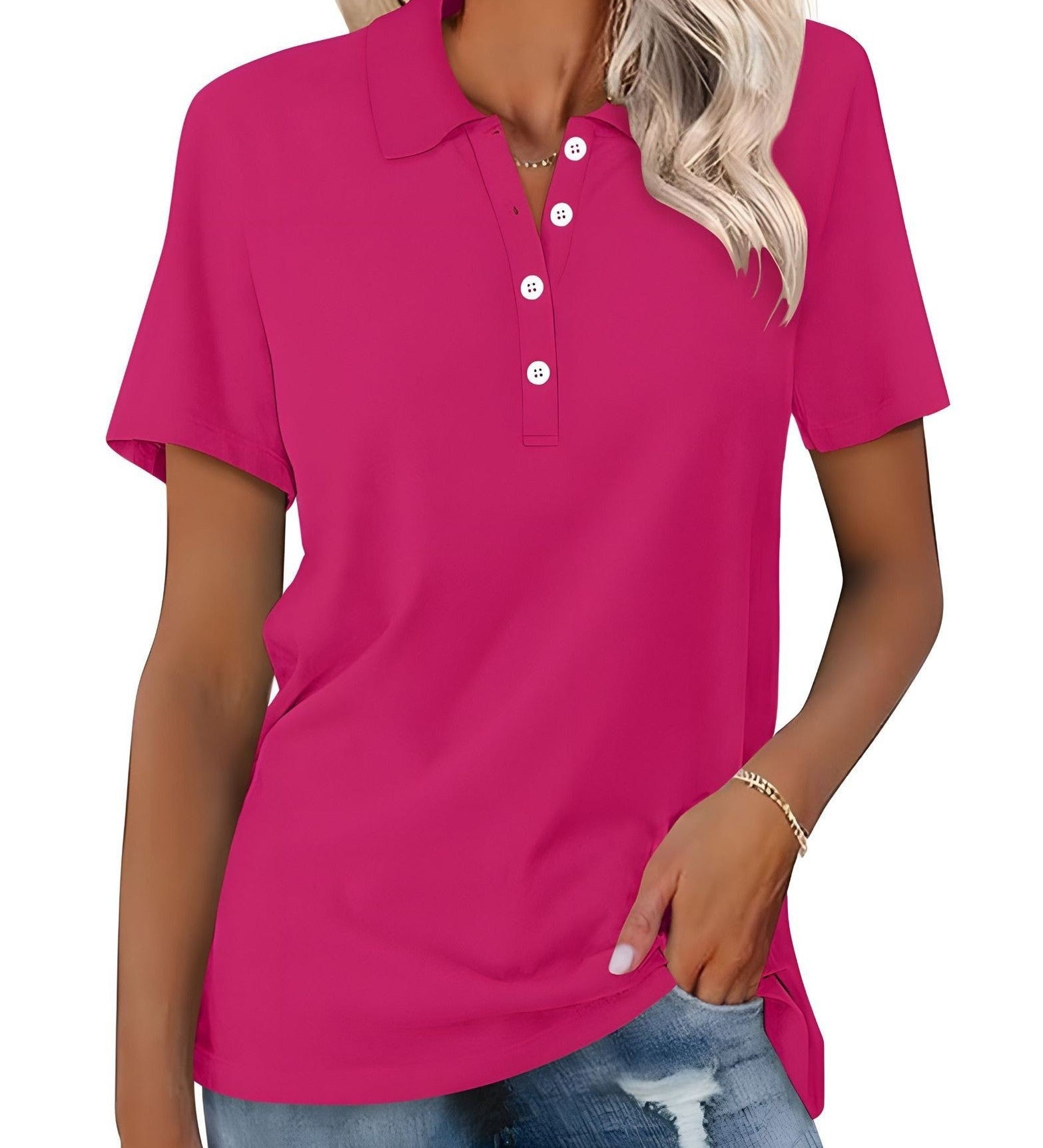 Danara women's polo shirt with classic collar and button placket, shown in a neutral tone