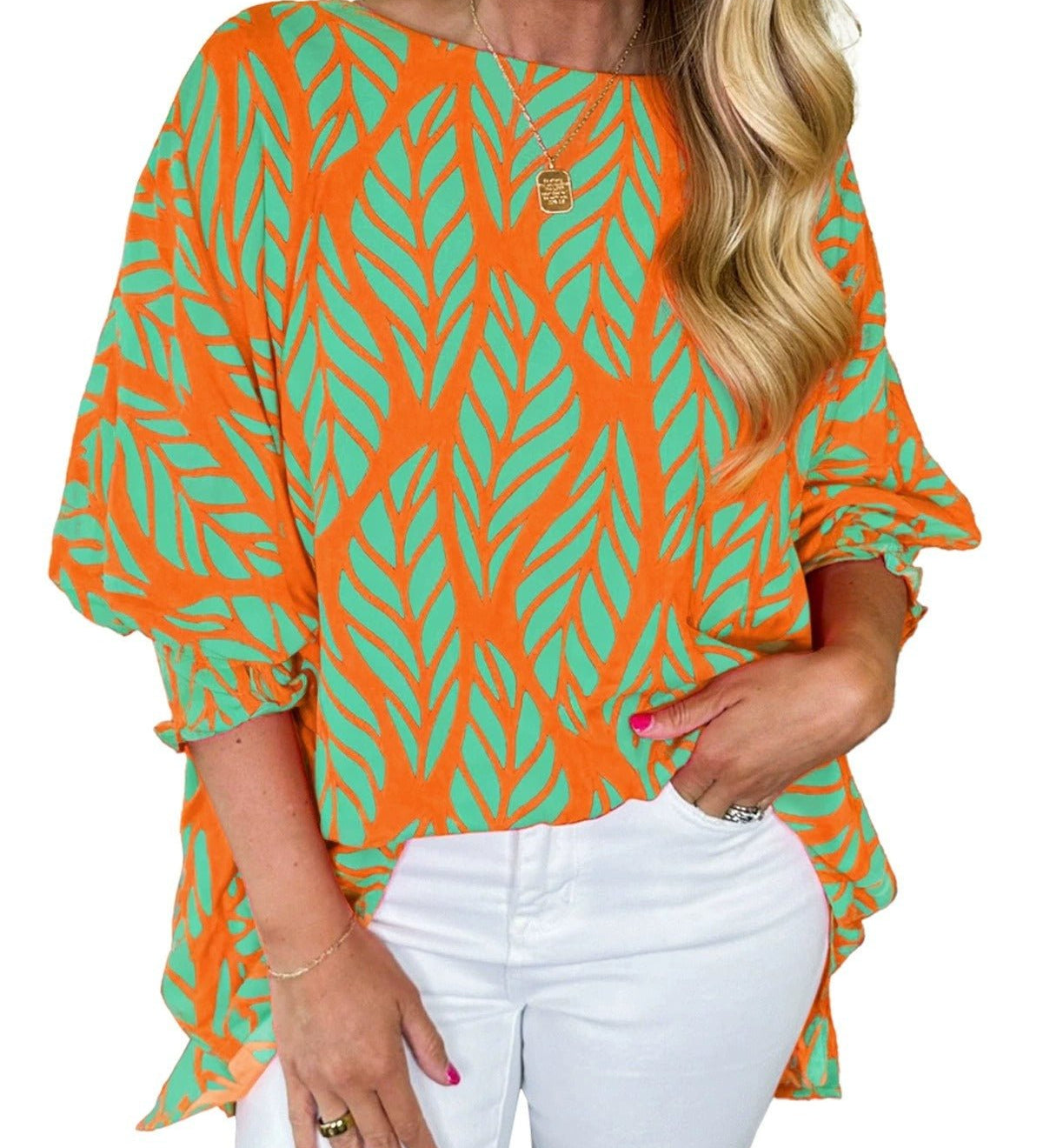 Risa puff sleeve blouse with leaf print and smocked puff sleeves