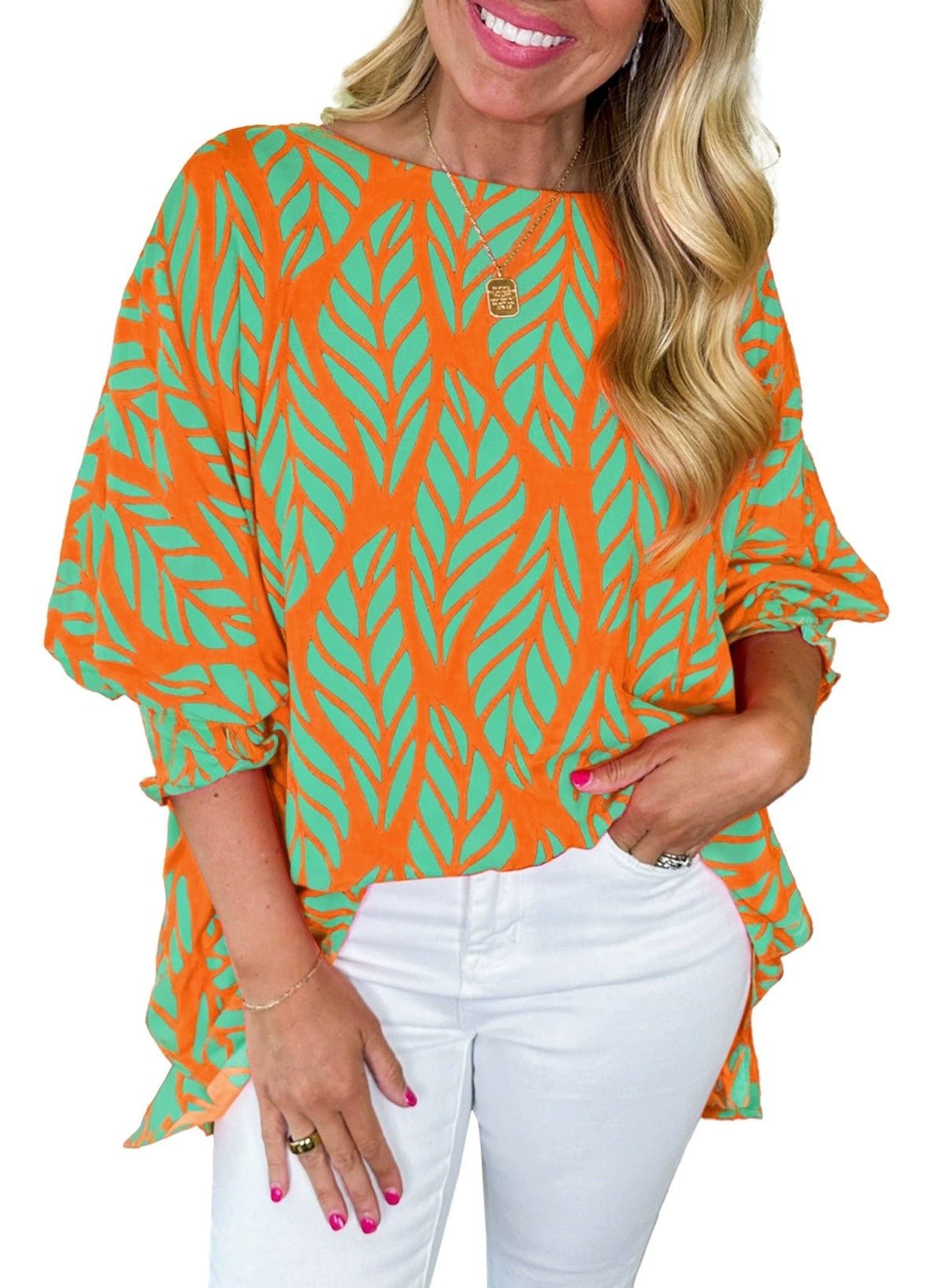 Risa puff sleeve blouse with leaf print and smocked puff sleeves