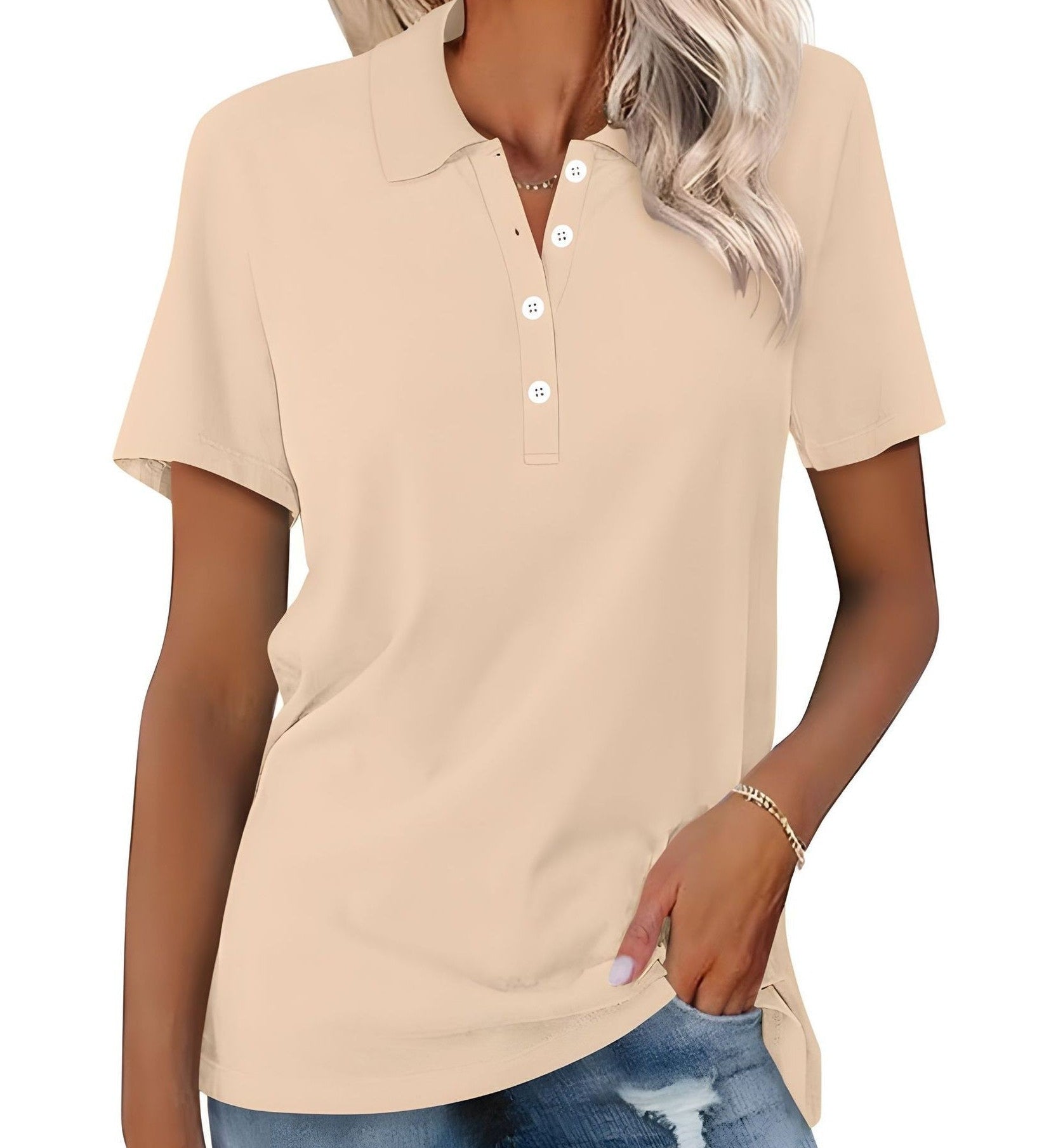 Danara women's polo shirt with classic collar and button placket, shown in a neutral tone