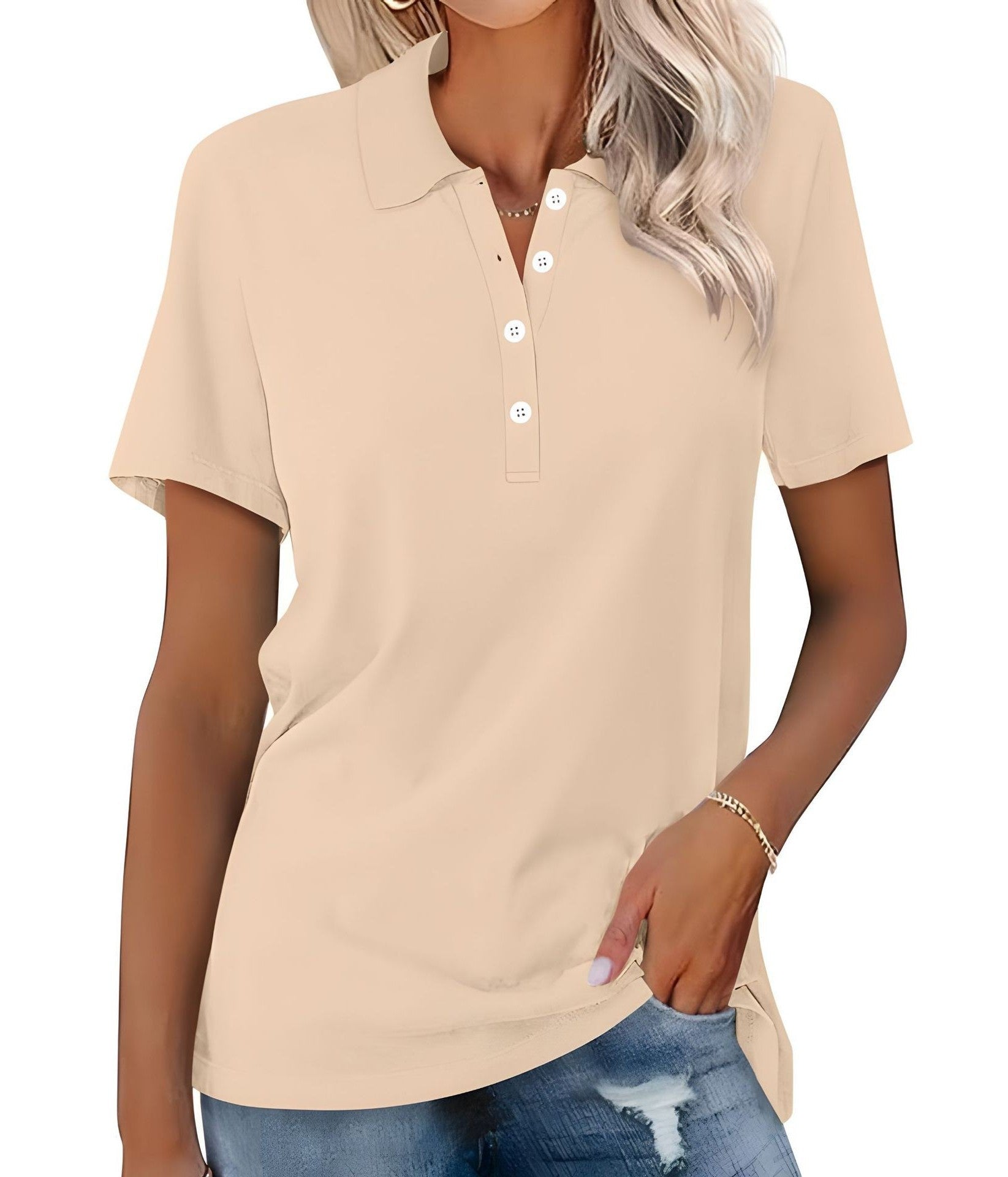 Danara women's polo shirt with classic collar and button placket, shown in a neutral tone