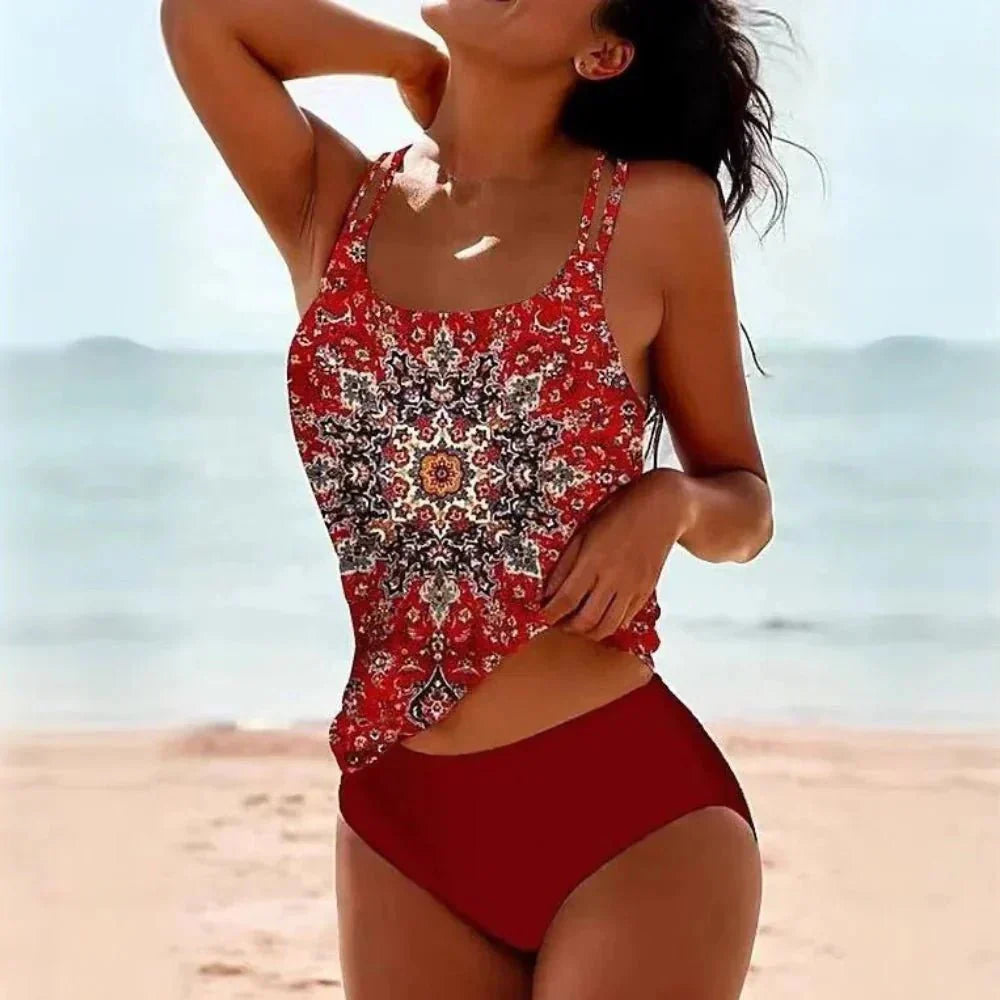 Ahanita printed two-piece tankini with double straps, U-neckline and high-waisted bottom