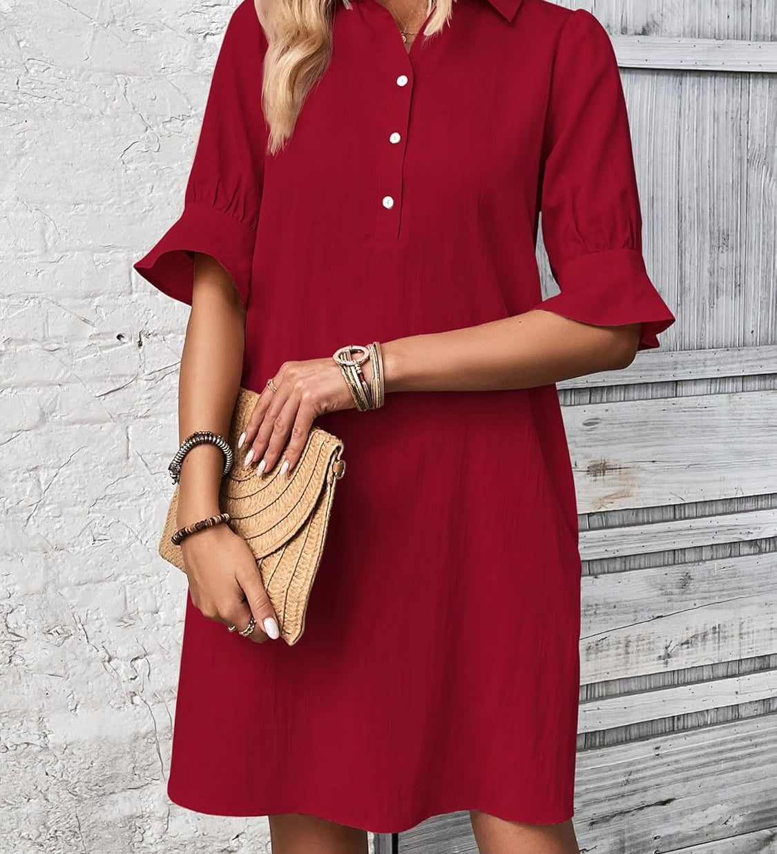 Cameron elegant ruffle button-down dress with feminine sleeves, shown in black