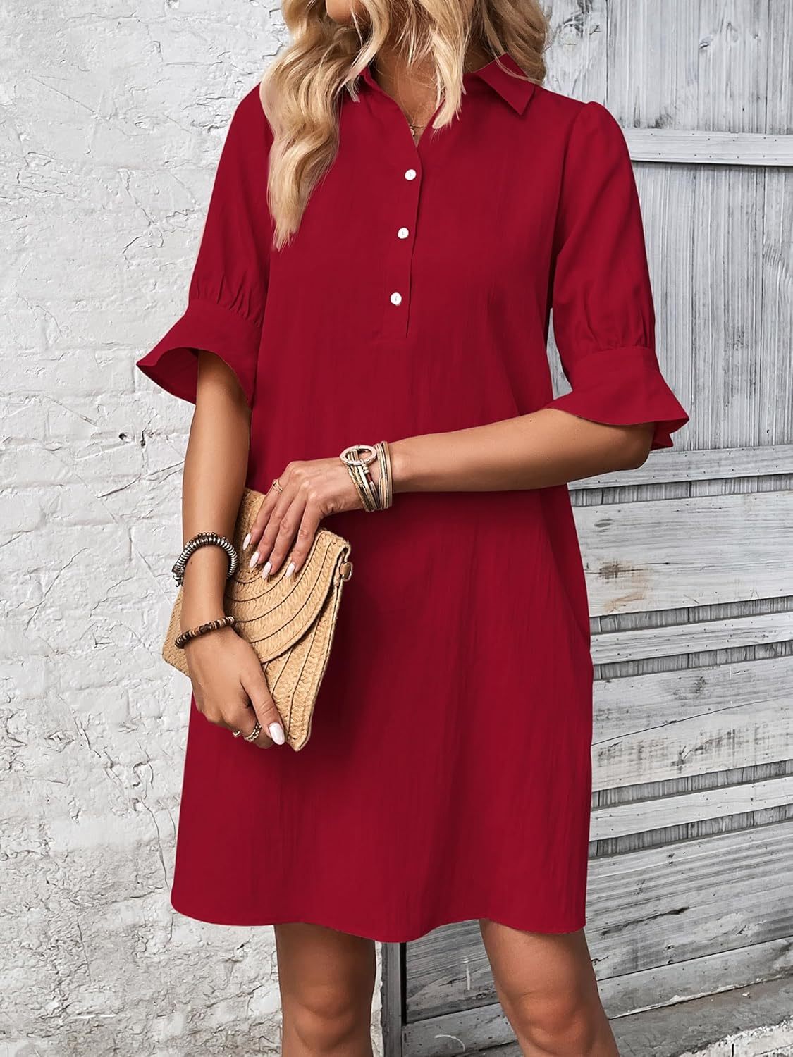 Cameron elegant ruffle button-down dress with feminine sleeves, shown in black