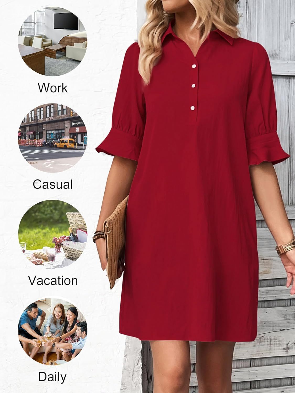 Cameron elegant ruffle button-down dress with feminine sleeves, shown in black
