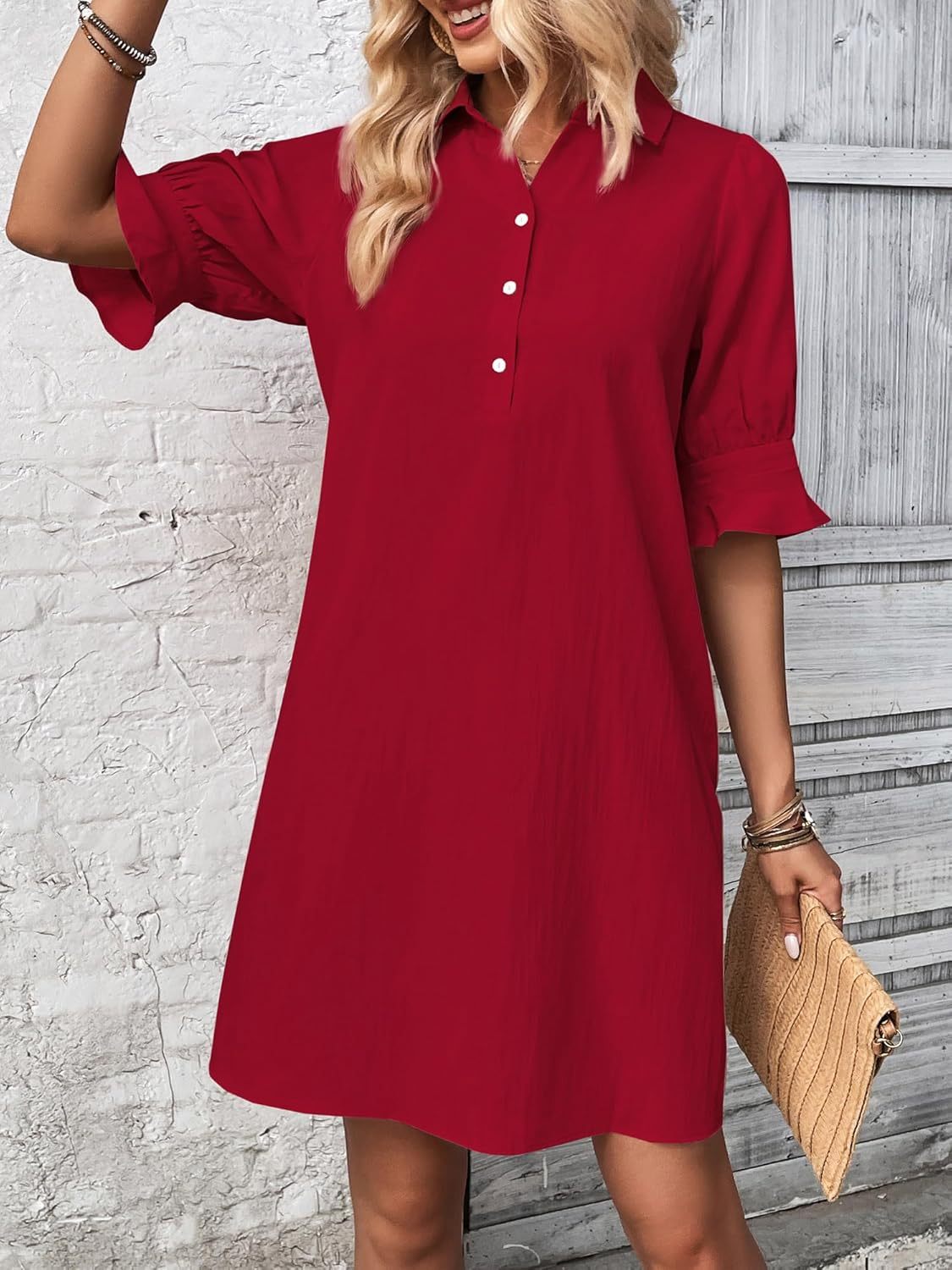 Cameron elegant ruffle button-down dress with feminine sleeves, shown in black