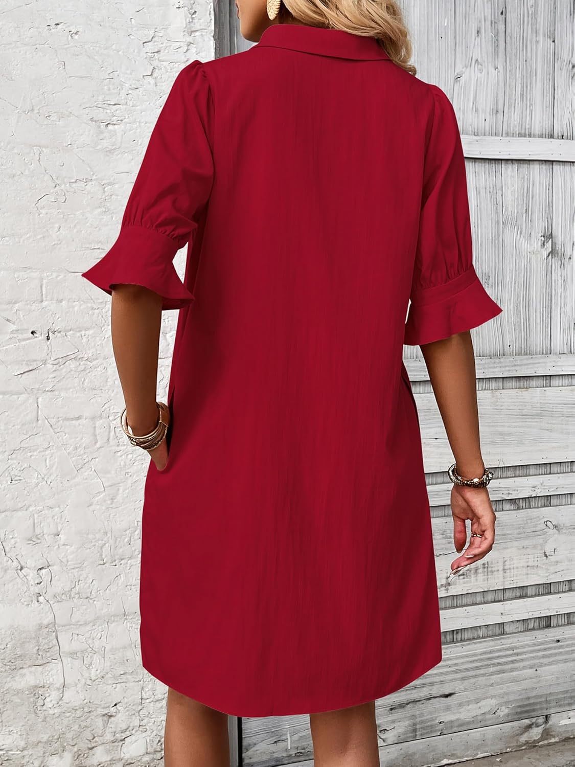 Cameron elegant ruffle button-down dress with feminine sleeves, shown in black