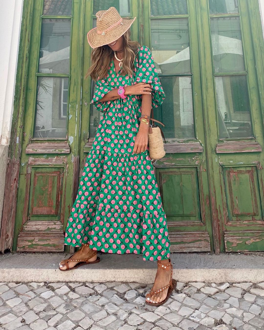 Iwa bohemian long dress with a flowy silhouette and V-neckline
