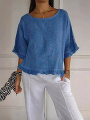 Gemma graceful everyday blouse with softly ruffled sleeves, shown in a soft feminine shade