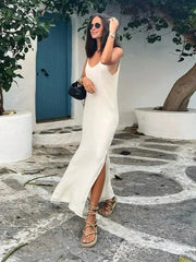 Tamati elegant white split maxi dress with V-neck and backless design