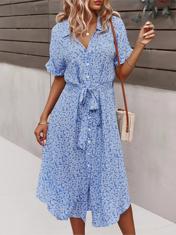 Madel Coastal Bloom floral midi dress with turn-down collar and mid-calf length