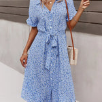 Madel Coastal Bloom floral midi dress with turn-down collar and mid-calf length