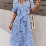 Madel Coastal Bloom floral midi dress with turn-down collar and mid-calf length