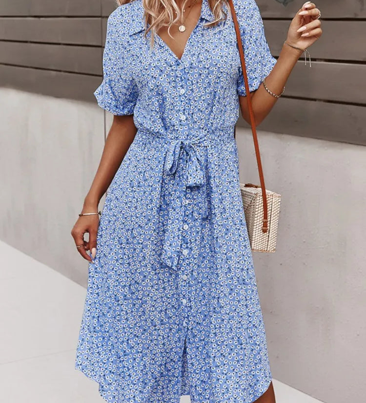 Madel Coastal Bloom floral midi dress with turn-down collar and mid-calf length
