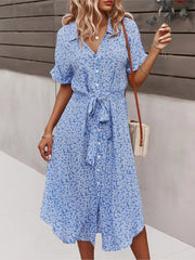 Madel Coastal Bloom floral midi dress with turn-down collar and mid-calf length