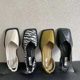 Sandy square toe slip-on flats with elastic back support in beige, black, green and zebra
