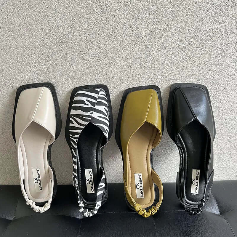 Sandy square toe slip-on flats with elastic back support in beige, black, green and zebra