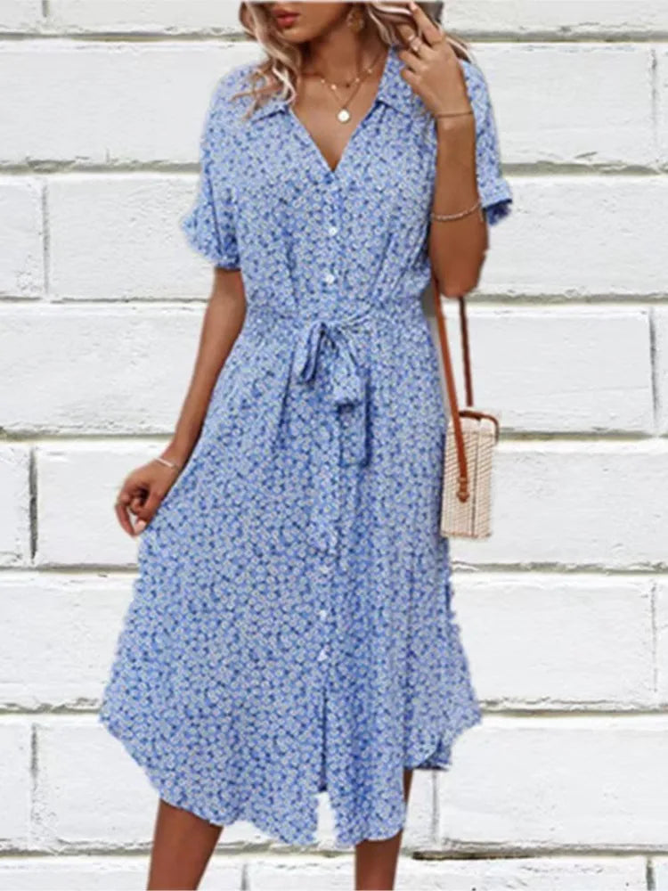 Madel Coastal Bloom floral midi dress with turn-down collar and mid-calf length