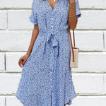 Madel Coastal Bloom floral midi dress with turn-down collar and mid-calf length