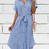 Madel Coastal Bloom floral midi dress with turn-down collar and mid-calf length