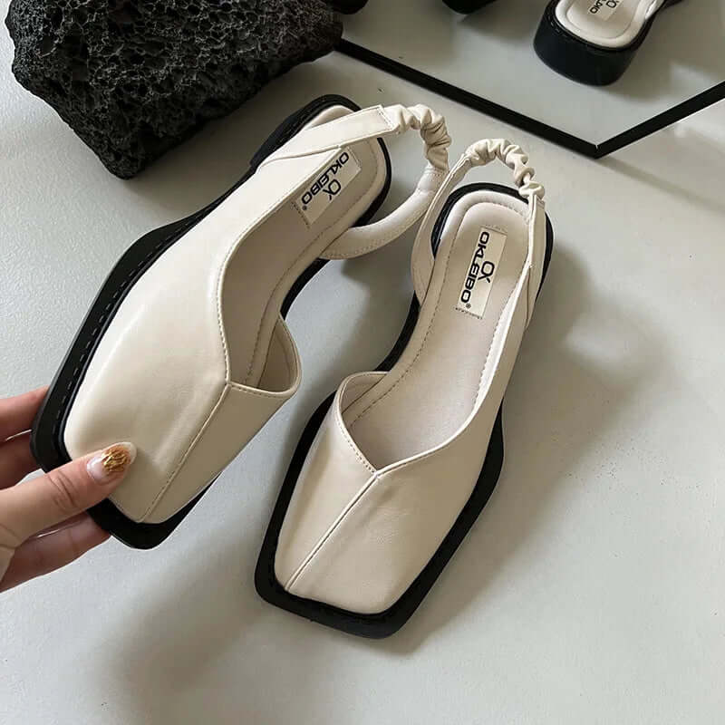 Sandy square toe slip-on flats with elastic back support in beige, black, green and zebra