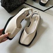 Sandy square toe slip-on flats with elastic back support in beige, black, green and zebra