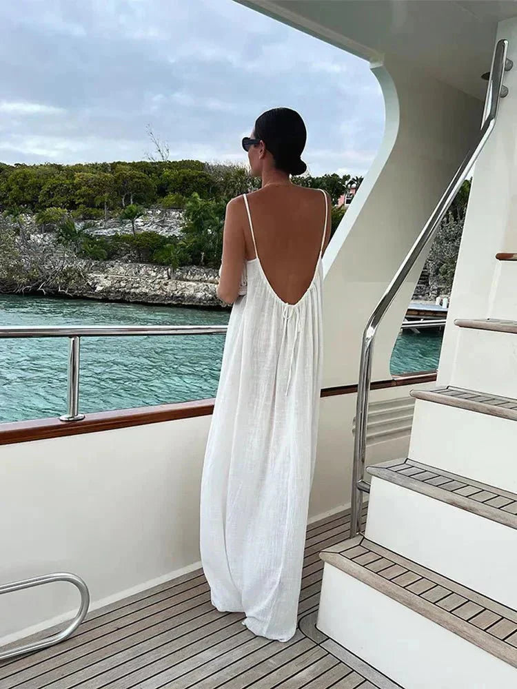 Tamati elegant white split maxi dress with V-neck and backless design