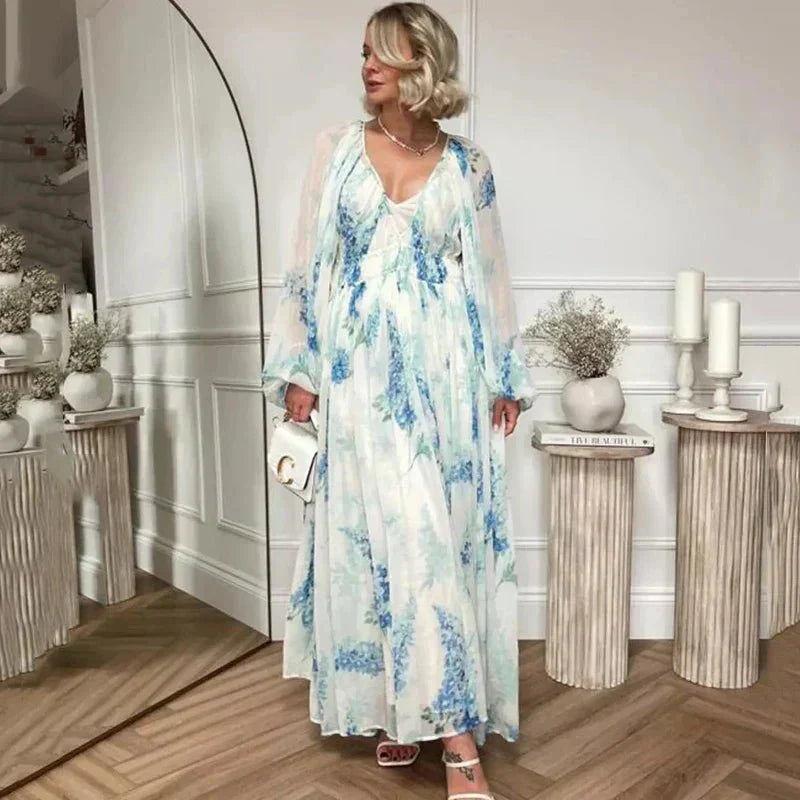 Athena blue floral chiffon maxi dress with lantern sleeves and adjustable straps