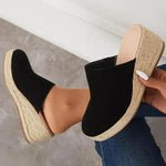 Rangi closed-front sandal with rope-woven heel in beige, blue and black