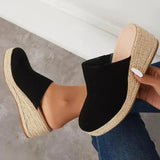 Rangi closed-front sandal with rope-woven heel in beige, blue and black