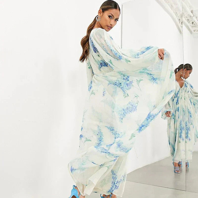 Athena blue floral chiffon maxi dress with lantern sleeves and adjustable straps