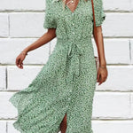 Madel Coastal Bloom floral midi dress with turn-down collar and mid-calf length