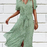 Madel Coastal Bloom floral midi dress with turn-down collar and mid-calf length