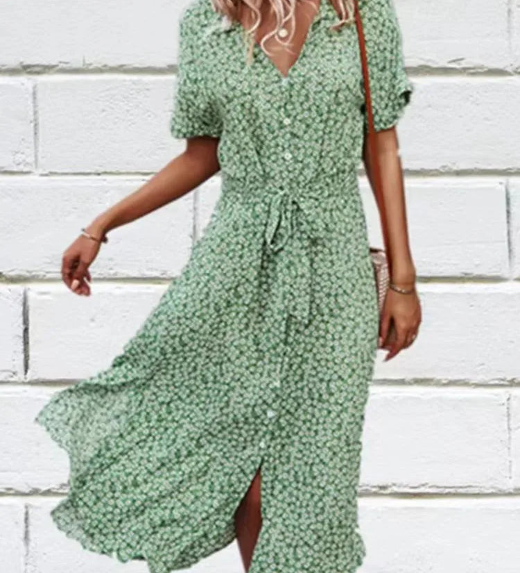 Madel Coastal Bloom floral midi dress with turn-down collar and mid-calf length
