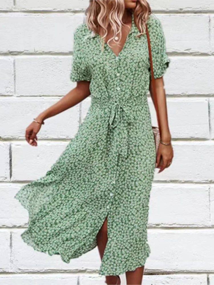 Madel Coastal Bloom floral midi dress with turn-down collar and mid-calf length