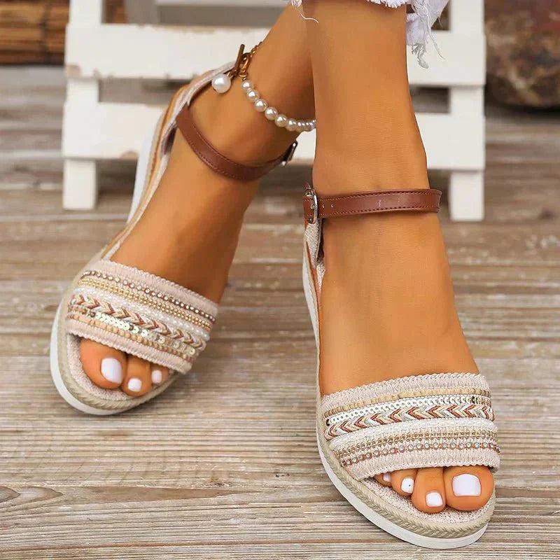 Mona Seaside Breeze boho sandals with woven detailing and adjustable ankle strap