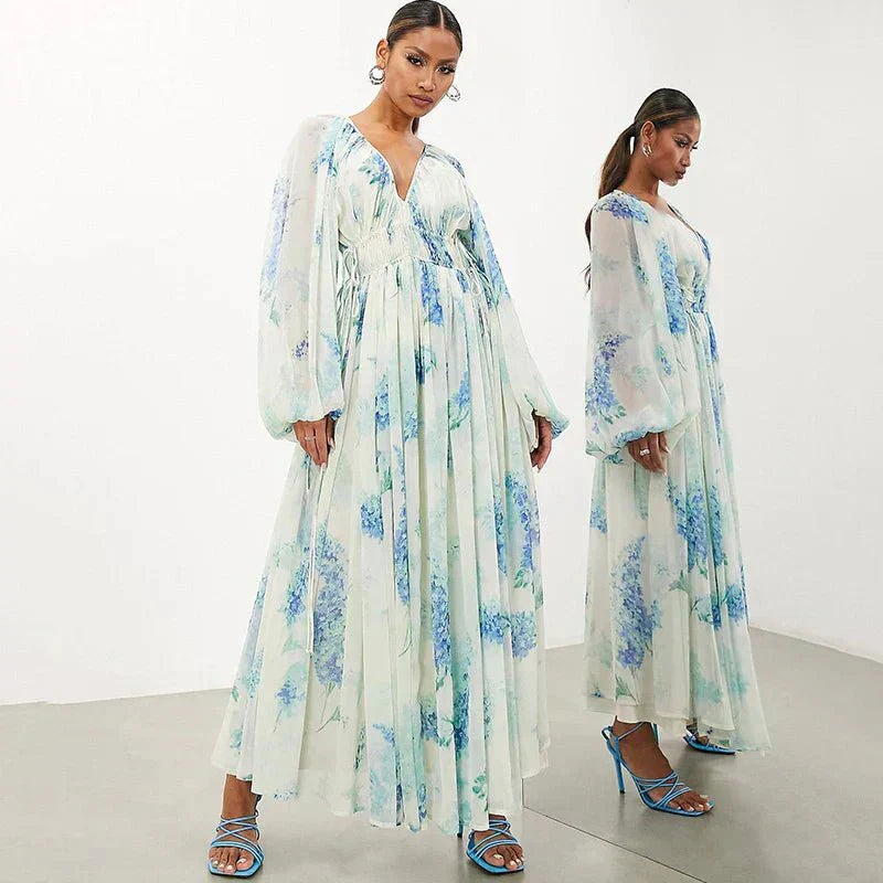 Athena blue floral chiffon maxi dress with lantern sleeves and adjustable straps