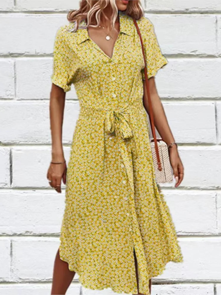 Madel Coastal Bloom floral midi dress with turn-down collar and mid-calf length