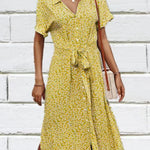 Madel Coastal Bloom floral midi dress with turn-down collar and mid-calf length
