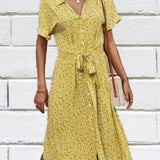Madel Coastal Bloom floral midi dress with turn-down collar and mid-calf length