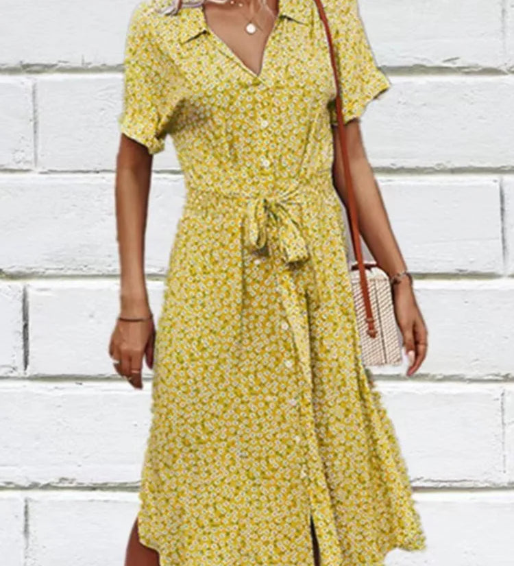 Madel Coastal Bloom floral midi dress with turn-down collar and mid-calf length