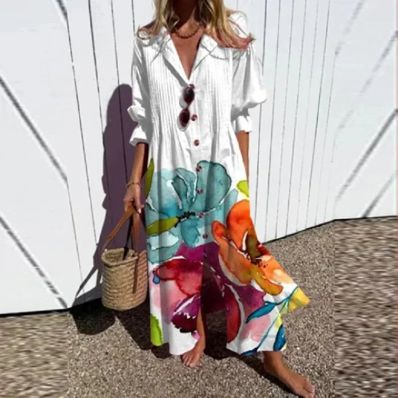 Rema beachcomber boho dress with deep V-neckline and flowing layered skirt