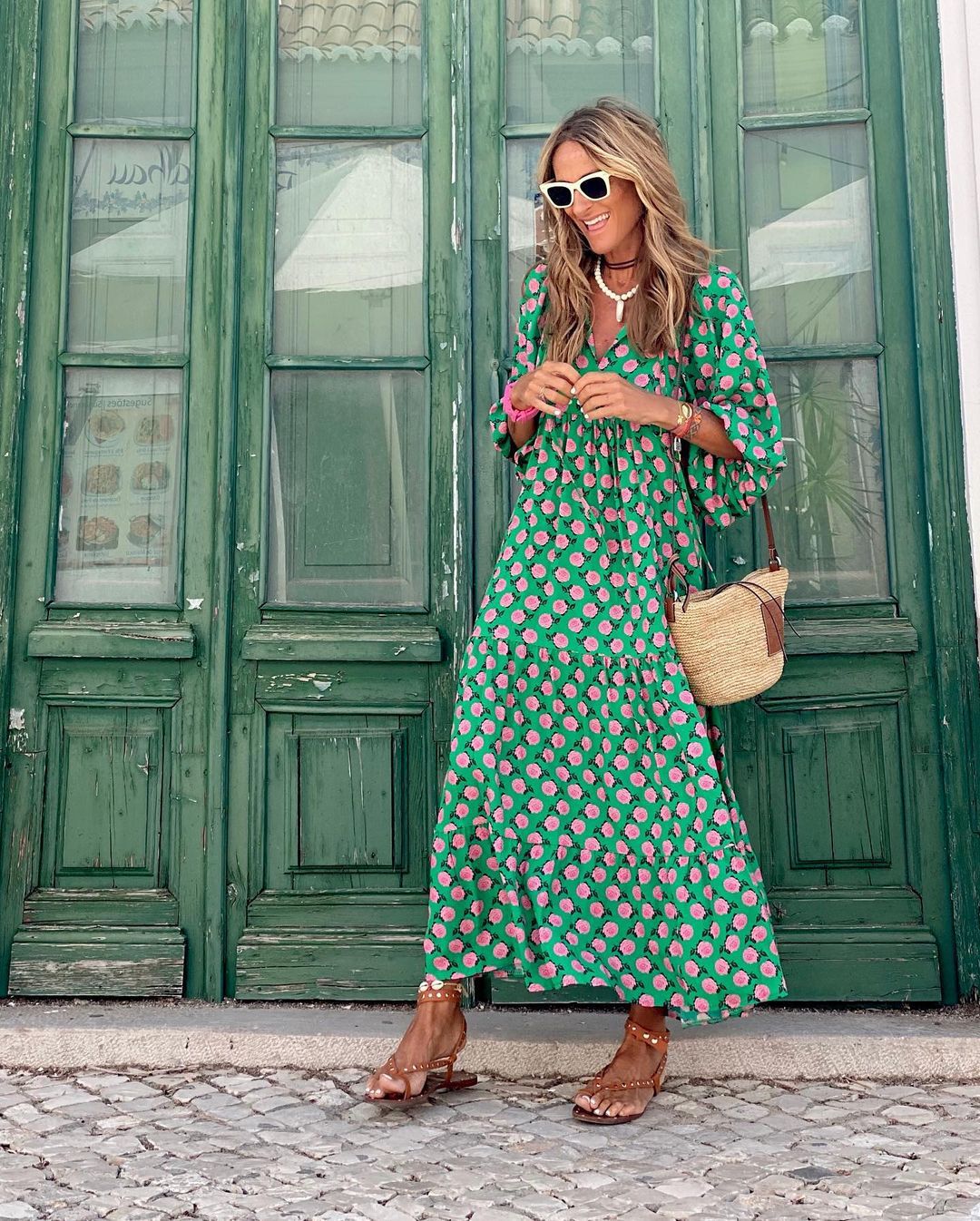 Iwa bohemian long dress with a flowy silhouette and V-neckline