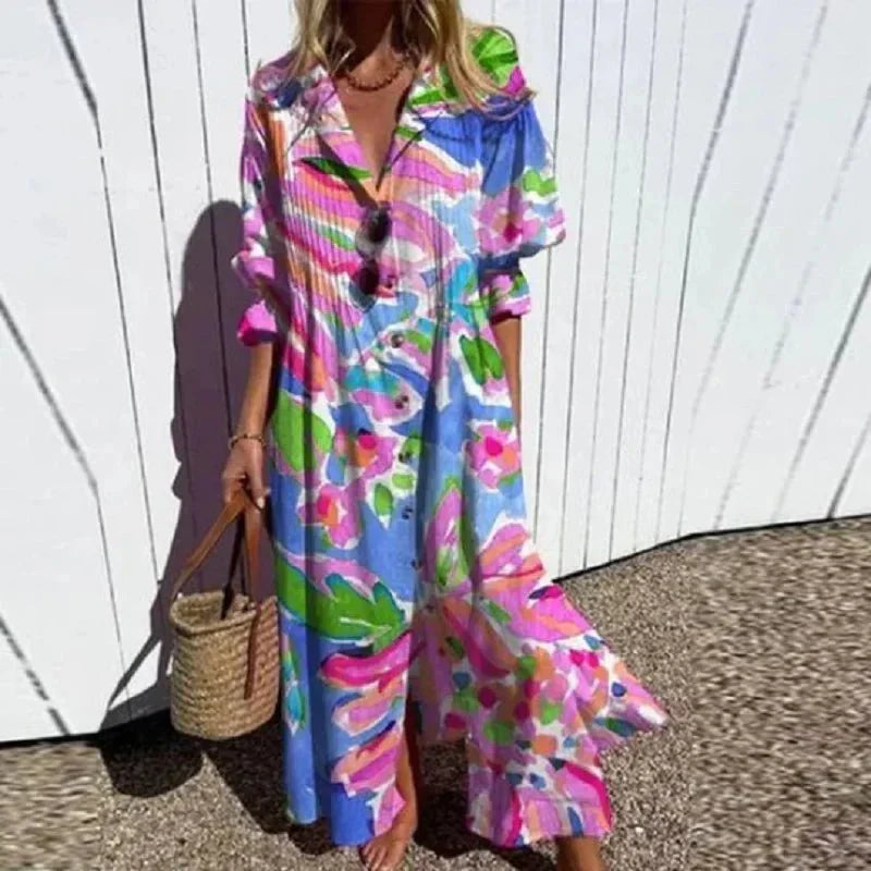 Rimmey Beachcomber boho dress with deep V-neckline and flowing layered skirt