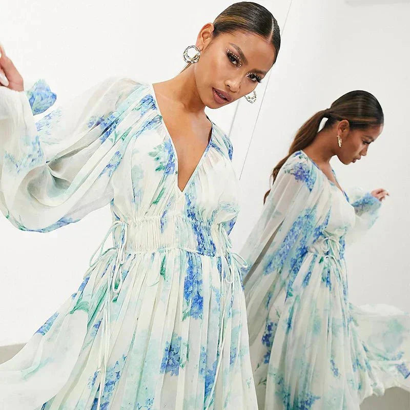 Athena blue floral chiffon maxi dress with lantern sleeves and adjustable straps