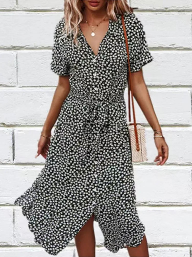Madel Coastal Bloom floral midi dress with turn-down collar and mid-calf length
