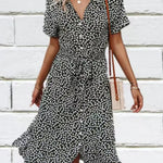 Madel Coastal Bloom floral midi dress with turn-down collar and mid-calf length