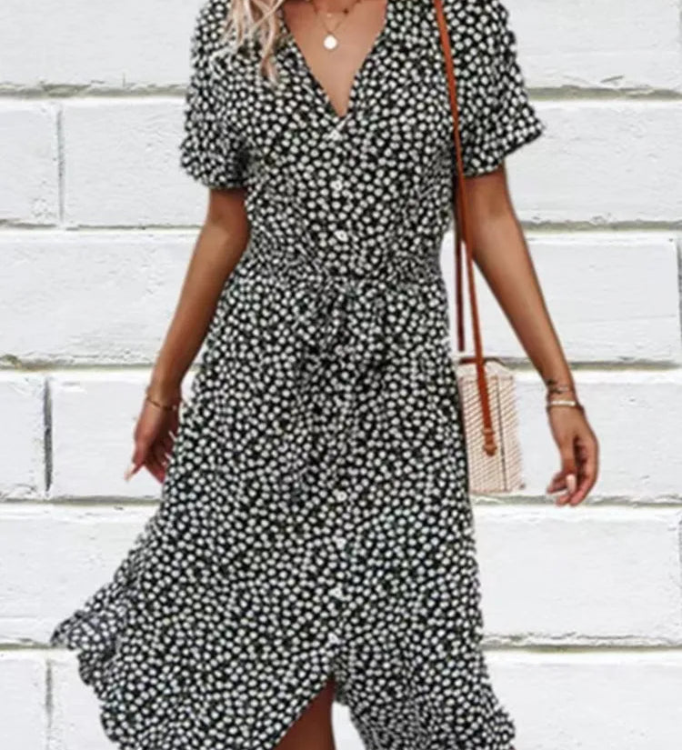 Madel Coastal Bloom floral midi dress with turn-down collar and mid-calf length