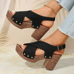 Pula Sunset platform sandals with block heel, crisscross straps and metallic rivet accents