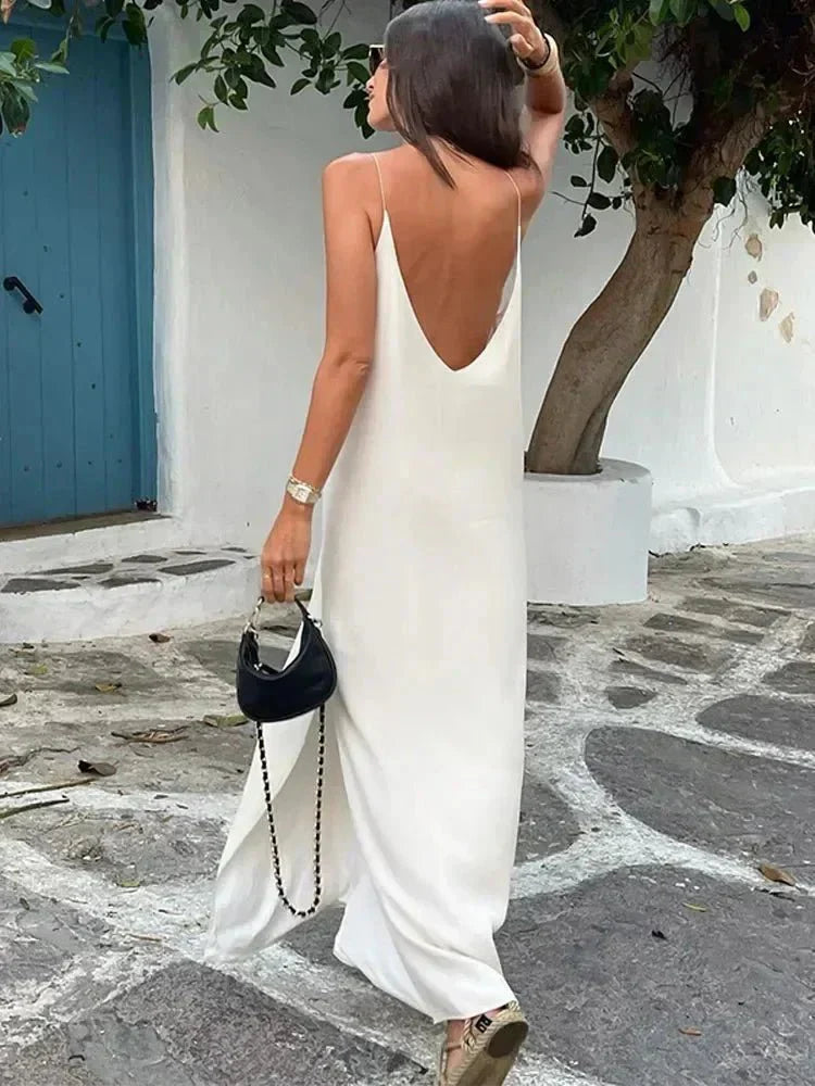 Tamati elegant white split maxi dress with V-neck and backless design